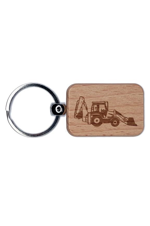 Backhoe Construction Building Vehicle Rectangle Keychain Charm Tag - Engraved Wood
