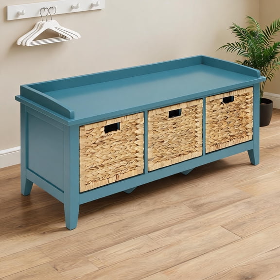 Backless 2-Seat Wood Storage Bench, 43.5 Inches, with 3 Rattan Drawers, Beige and Teal
