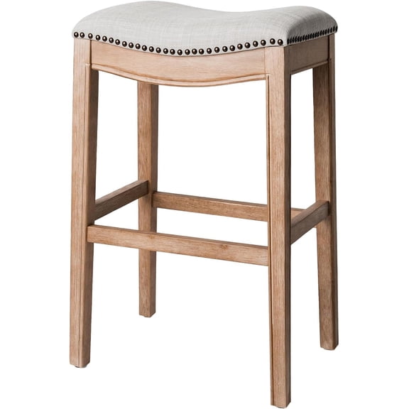 Backless Bar Stool – 31 Inch Saddle Seat with Footrest – Natural Solid Wood Frame & Light Grey Fabric Upholstery – Ideal for Bars, Pub Tables & Tall Kitchen Counters