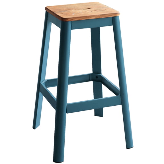 Backless Bar Stool with Teal Crossbar Support / Fits Well in Modern Kitchens