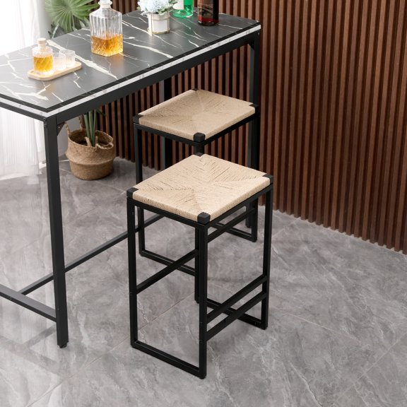 Backless Bar Stools Of 2 - Metal Frame & Paper Rope Seat, Stylish And , Slip Screws, 220lbs Capacity, 15.74"(l) X 13.39"(w) 25"(h Stools. Woven Seats, Strong Black Frame. Screws For Stability.