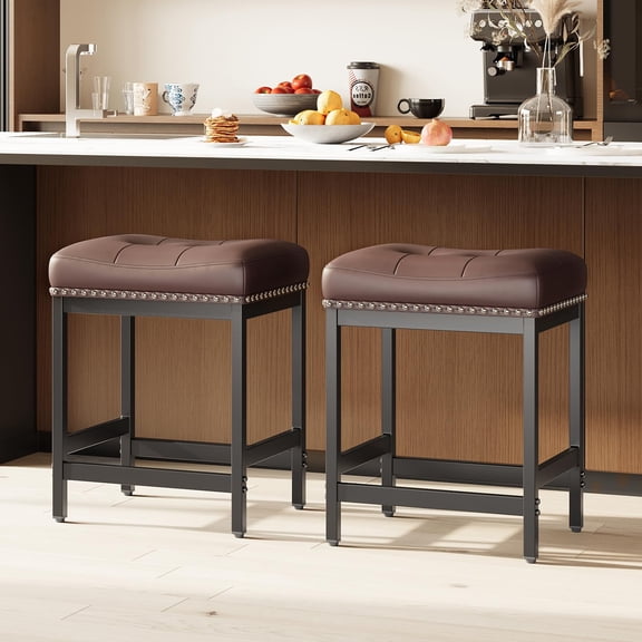 Backless Bar Stools Dark Brown – Set Of 2, Modern PU Leather Counter Height Barstools With Nailhead Trim, No Assembly