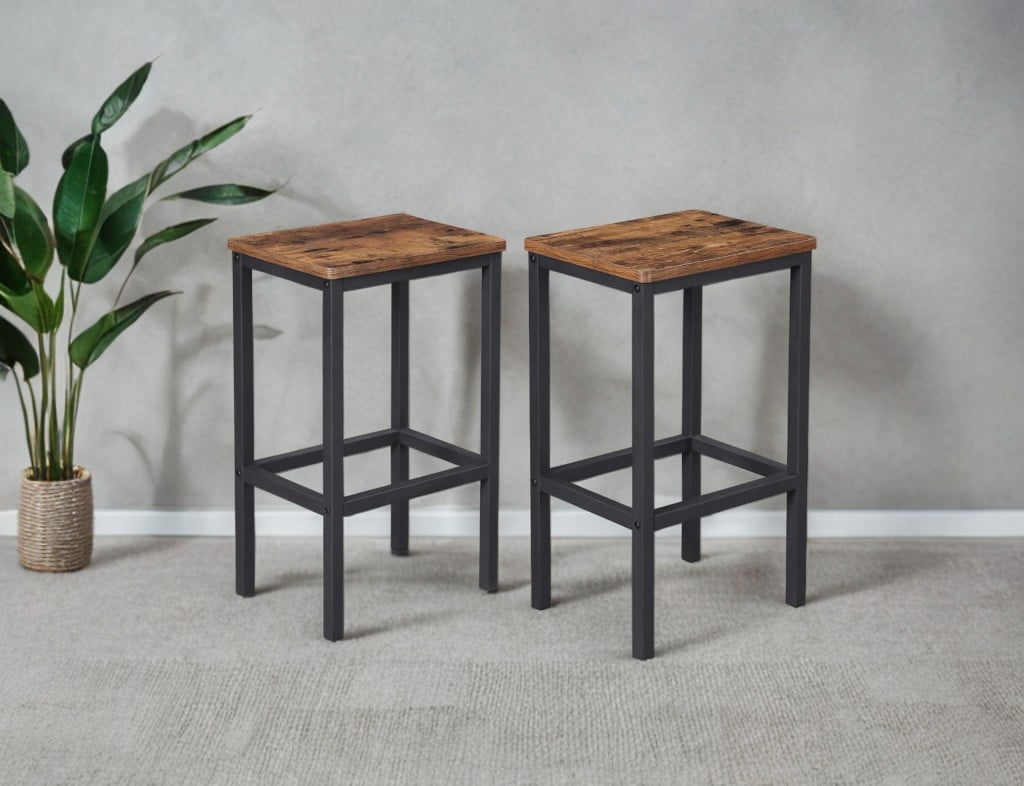 Rustic Brown and Black Industrial Bar Stools with Metal Frame