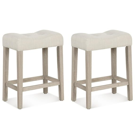24 Inch Bar Stools Pair, Upholstered Saddle Seats with Button Tufted Surface, Solid Wood Legs and Footrest, Backless Counter Stools for Kitchen Cafe, Beige