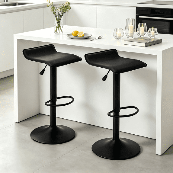 Backless Bar Stools Set of 2, 360° Swivel Adjustable Height PU Leather Bar Chairs, Modern Simple Counter Stools for Kitchen Island, Dining, Bar or Café Use (Black)