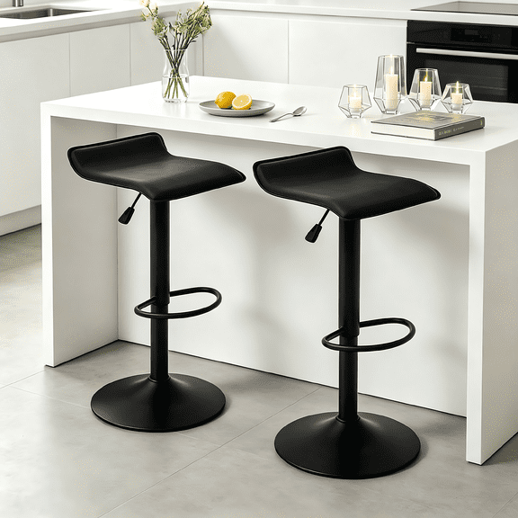 Backless Bar Stools Set of 2, 360° Swivel Adjustable Height PU Leather Bar Chairs, Modern Simple Counter Stools for Kitchen Island, Dining, Bar or Café Use (Black)