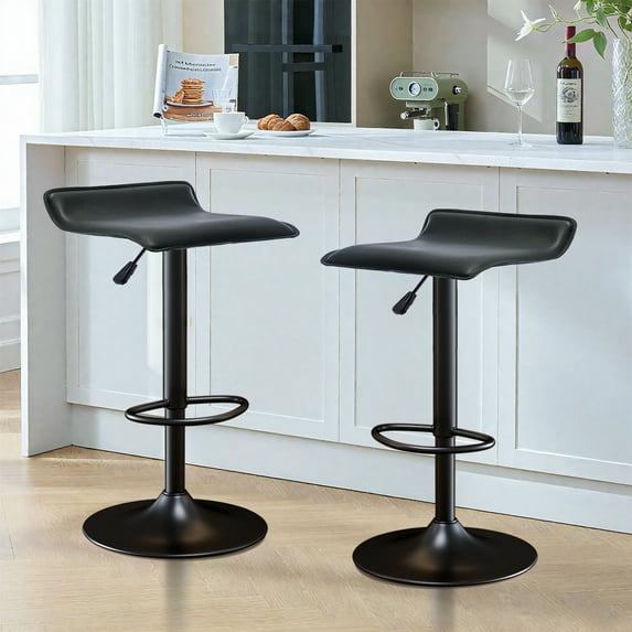 Backless Bar Stools Set of 2, 360° Swivel Adjustable Height PU Leather Bar Chairs, Modern Simple Counter Stools for Kitchen Island, Dining, Bar or Café Use (Black)