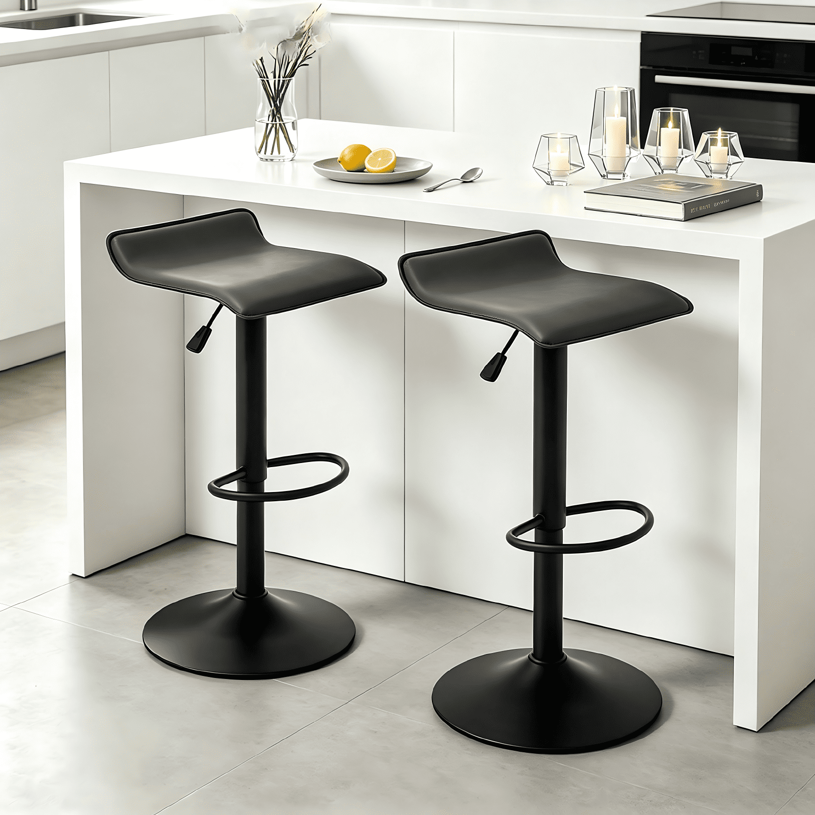 Backless Bar Stools Set of 2, 360° Swivel Adjustable Height PU Leather Bar Chairs, Modern Simple Counter Stools for Kitchen Island, Dining, Bar or Café Use (Gray)