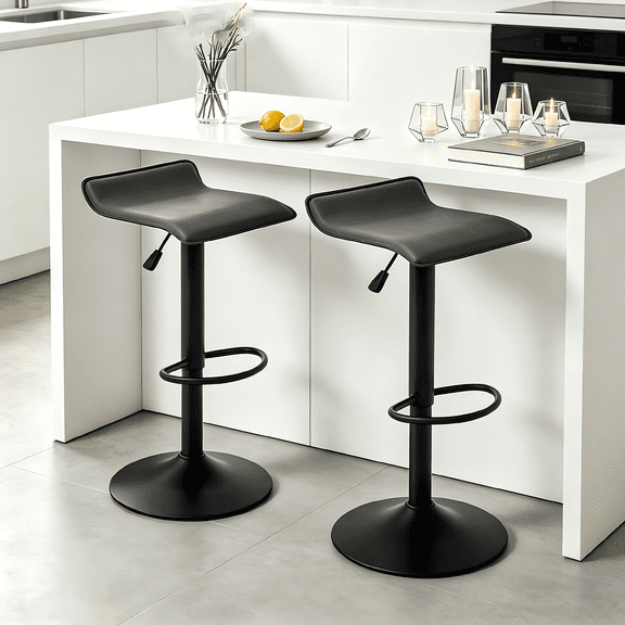 Backless Bar Stools Set of 2, 360° Swivel Adjustable Height PU Leather Bar Chairs, Modern Simple Counter Stools for Kitchen Island, Dining, Bar or Café Use (Gray)