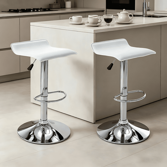 Backless Bar Stools Set of 2, 360° Swivel Adjustable Height PU Leather Bar Chairs, Modern Simple Counter Stools for Kitchen Island, Dining, Bar or Café Use (White)