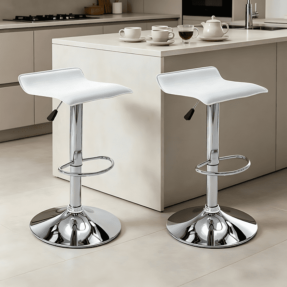 Backless Bar Stools Set of 2, 360° Swivel Adjustable Height PU Leather Bar Chairs, Modern Simple Counter Stools for Kitchen Island, Dining, Bar or Café Use (White)