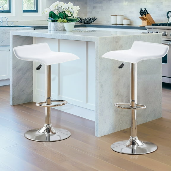 Backless Bar Stools Set of 2, 360° Swivel Adjustable Height PU Leather Bar Chairs, Modern Simple Counter Stools for Kitchen Island, Dining, Bar or Café Use (White)