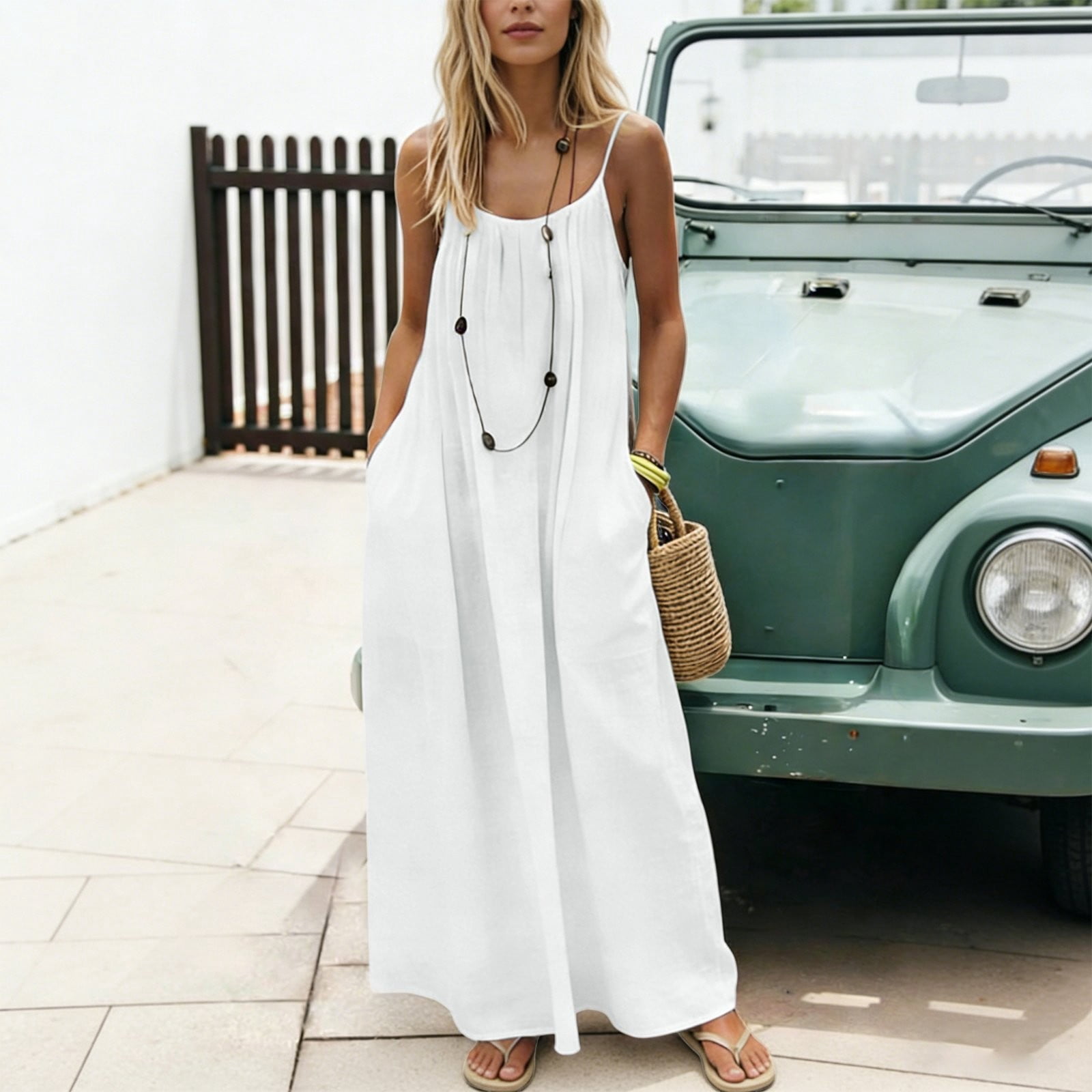 Backless Cami Dress Plus Size Sleeveless Beach Vacation Backless Maxi Dress  Summer，White，3XL