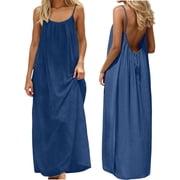 Backless Cami Dress, Summer Casual Sleeveless House Lounge Dresses, Spaghetti Strap Flowy Long Beach Sundress