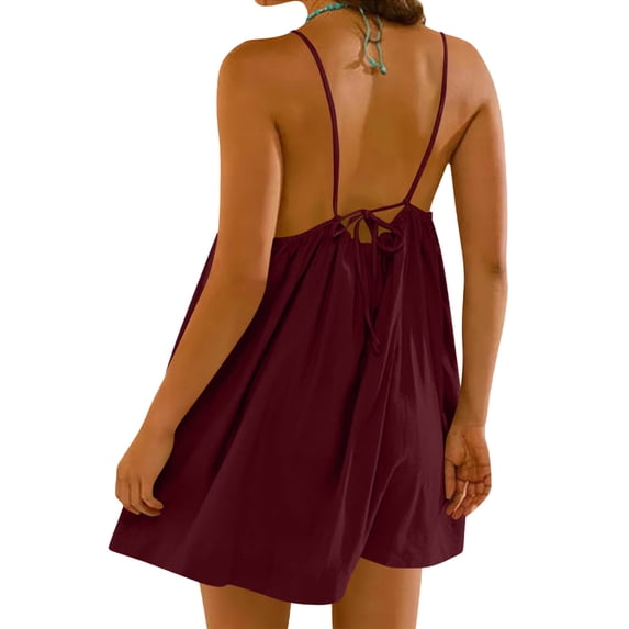 Backless Cami Dress for Women Sleeveless Beach Dress Flowy Loose Fit Spaghetti Strap Sundress with Back Tie Sexy Cocktail Mini Dress for Night Club 2026 Summer Beach Vacation Outfits