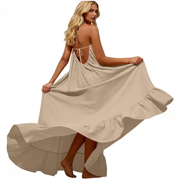 Backless Cami Dress Womens Halter Beach Flowy Dresses Casual Ruffle Sleeveless Maxi Vacation Sundress Beige, 2XL