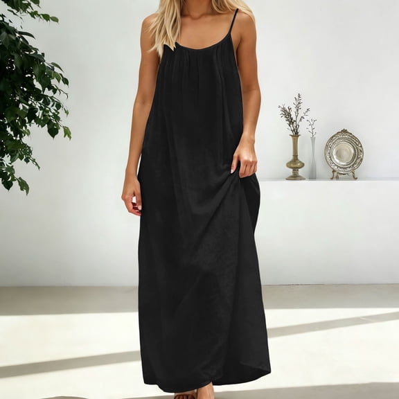 Backless Cami Dress Womens Summer Sleeveless Maxi Dress Beach Boho Dresses (Black XL)