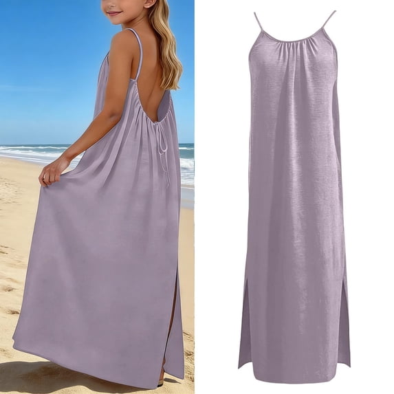 Backless Cami Dress for Girls Spaghetti Strap Lounge Dress Purple Flowy Dress Maxi Sundress Vacation Clothes for Girls