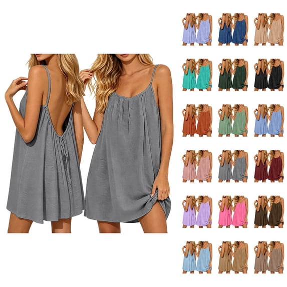 Backless Cami Dress for Women Linen Open Back House Lounge Loose Dresses Spaghetti Strap Summer Beach Flowy Sundress