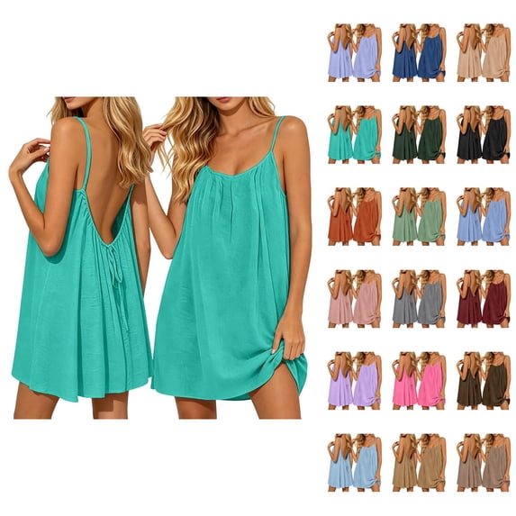 Backless Cami Dress for Women Linen Open Back House Lounge Loose Dresses Spaghetti Strap Summer Beach Flowy Sundress
