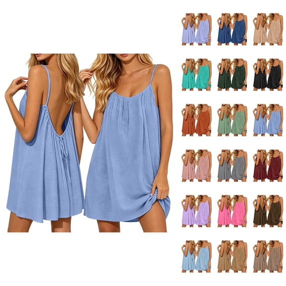 Backless Cami Dress for Women Linen Open Back House Lounge Loose Dresses Spaghetti Strap Summer Beach Flowy Sundress