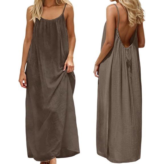 Backless Cami Dress for Women Sleeveless Spaghetti Strap Open Back Beach Dresses Summer Holiday Dress with Back Tie (Brown,2XL)