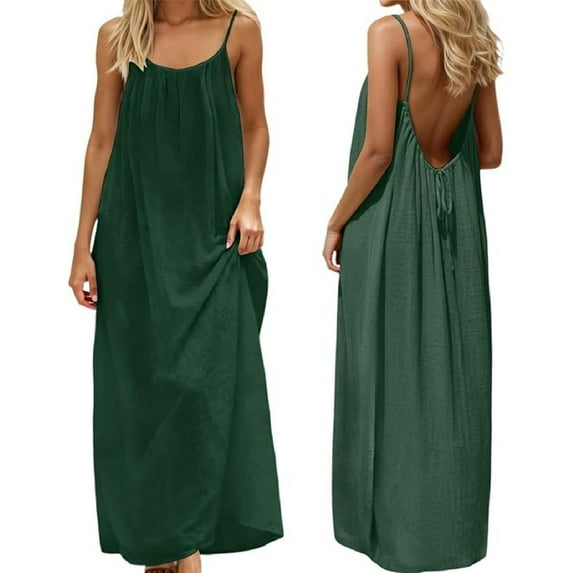 Backless Cami Dress for Women Sleeveless Spaghetti Strap Open Back Beach Dresses Summer Holiday Dress with Back Tie (Dark Green,L)
