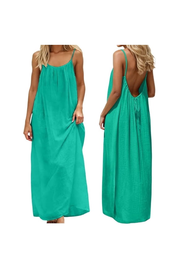 Backless Cami Dress for Women Sleeveless Spaghetti Strap Open Back Beach Dresses Summer Holiday Dress with Back Tie (Green,L)