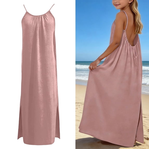 Backless Cami Dresses for Kids Spaghetti Strap House Dress Flowy Pink Dress Maxi Sundress Summer Beach Dresses