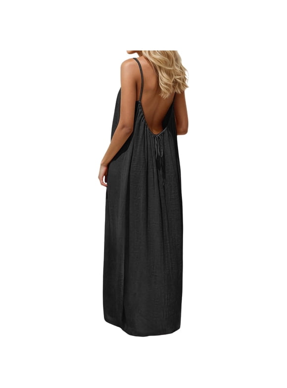 Backless Cami Dresses for Women Cami Lounge Dress Backless Solid Color Sleeveless House Dress Long Sundress with Back Tie