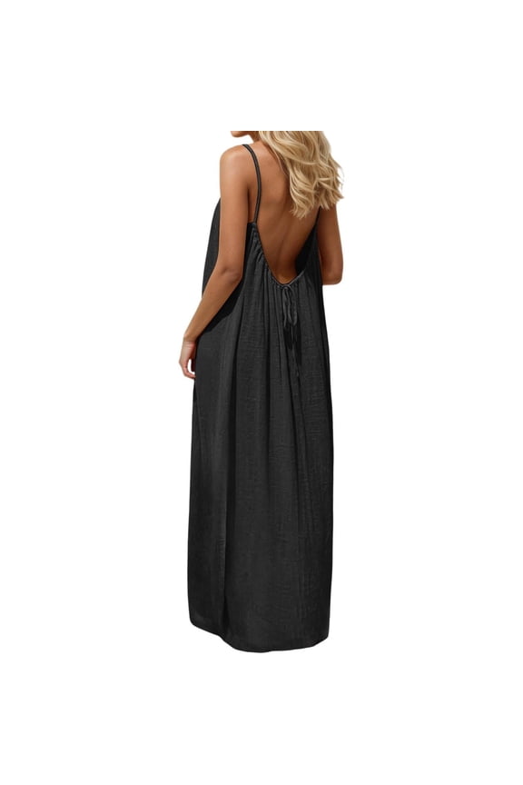 Backless Cami Dresses for Women Cami Lounge Dress Backless Solid Color Sleeveless House Dress Long Sundress with Back Tie