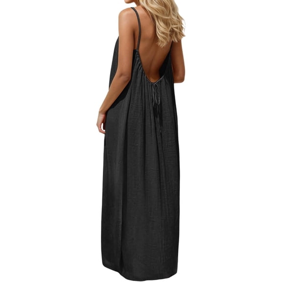 Backless Cami Dresses for Women Cami Lounge Dress Backless Solid Color Sleeveless House Dress Long Sundress with Back Tie