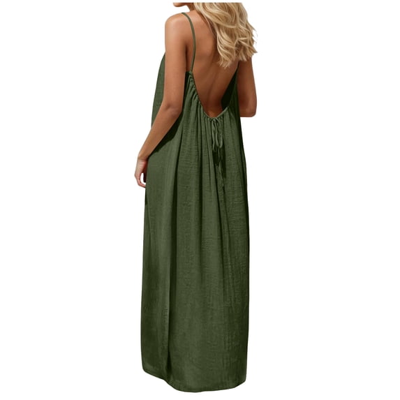 Backless Cami Dresses for Women Housedress Casual Flowy Maxi Dress Sleeveless Solid Open Back Sundress Big and Tall Size S-5XL Army Green