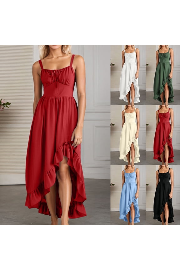 Backless Cami Dresses for Women Sleeveless Tea Party Dresses Plus Size a Line Flowy Long Sundresses with Pockets Boho Vacation Outfits,Red,M