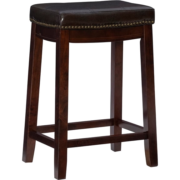 Backless Counter Height Stool Brown Faux Leather with Nailhead Accents
