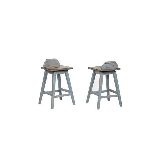 Rustic Blue and Gray Backless Wood Swivel Counter Stool