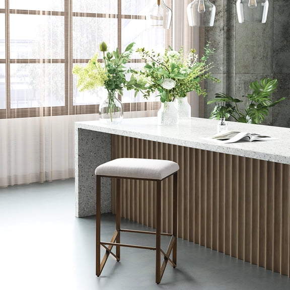 Backless Counter Stool with Padded Upholstery | Fits Kitchen Spaces | Metal Base in Bronze Finish | 300 lbs Capacity