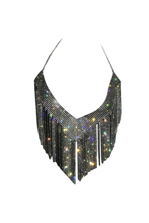 Backless Crop Top Rhinestones Tassels Body Chain for Women Party Nightclub Crystals Body Jewelry Camisole
