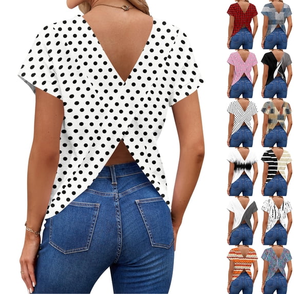 Backless Cross V-Neck Top for Women - Short Sleeve Graphic Print Tee, Sexy Open Back Blouse for Women's Summer Party & Casual Outfits Pink XL