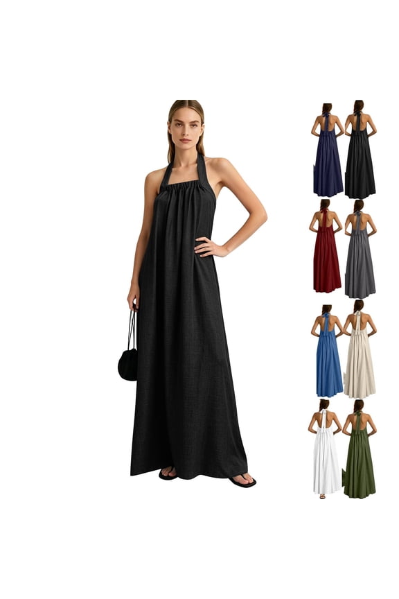 Backless Dress Women 2026 Minimalist Halter Neck Maxi Dress Casual Loose Fit Summer Dress Pockets Comfortable Breathable Black XL