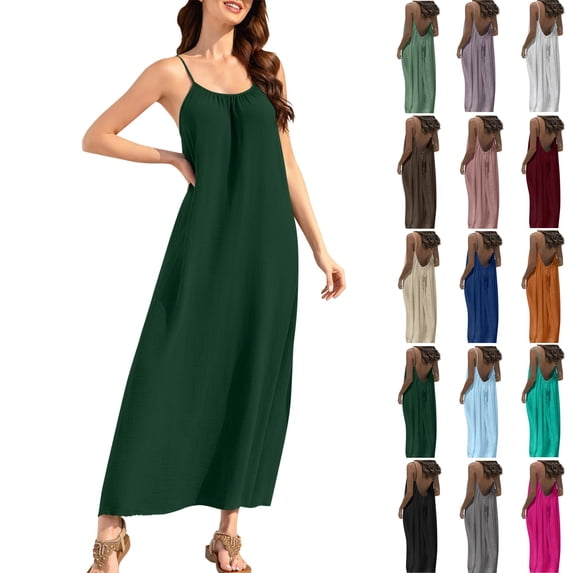 Backless Dresses for Women Solid Color Casual Plus Size Spaghetti Strap Elastic Crew Neckline Beach Summer Maxi Dress Army Green S-2XL