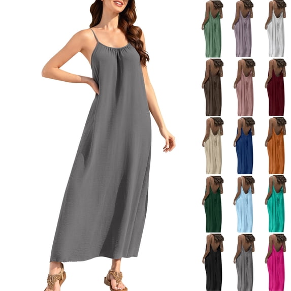 Backless Dresses for Women Solid Color Casual Plus Size Spaghetti Strap Elastic Crew Neckline Beach Summer Maxi Dress Gray S-2XL