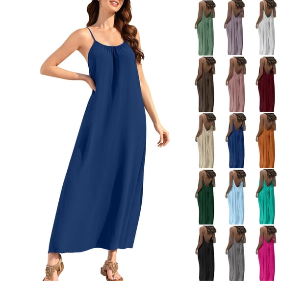 Backless Dresses for Women Solid Color Casual Plus Size Spaghetti Strap Elastic Crew Neckline Beach Summer Maxi Dress Navy S-2XL