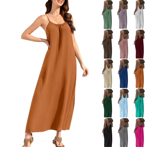 Backless Dresses for Women Solid Color Casual Plus Size Spaghetti Strap Elastic Crew Neckline Beach Summer Maxi Dress Orange S-2XL