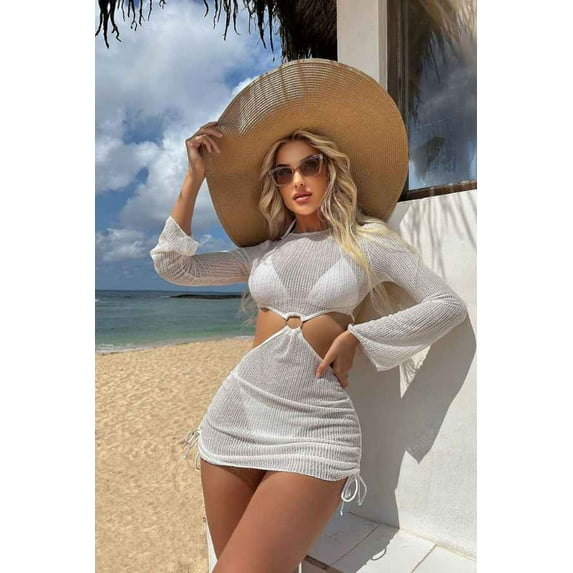 Backless Fishnet Cover-Up Dress Three Piece Bikini Set (S, DarkGrey)