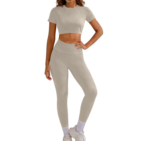 Backless Gym Sets Short Sleeve Sports Cropped Tops Workout Set Hidden Scrunch High Waisted Leggings Gym Clothes for Women Elastic Fitness Yoga Sports Set