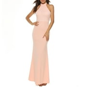 Backless Halter Dress for Women Formal Evening Maxi Gown Sheer Floral Lace Patchwork Sleeveless Fitted Long Dress Small, Pink