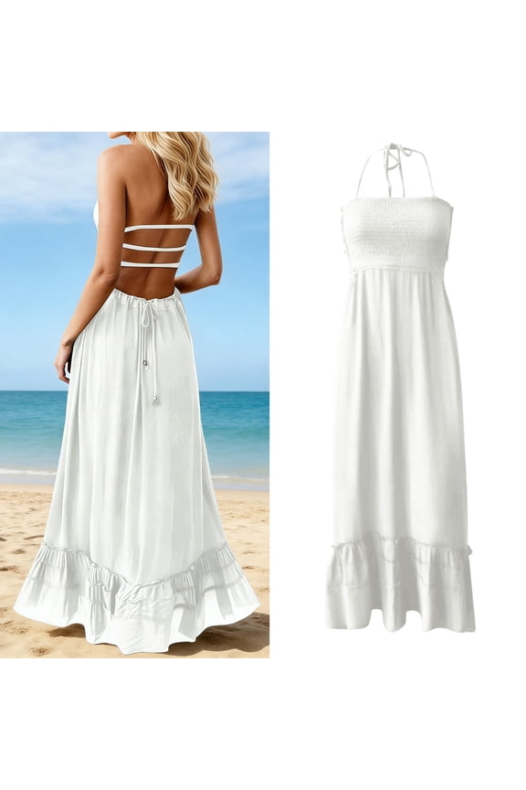 Backless Halter Dresses for Women Sleeveless White Flowy Dresses Maxi Dress Vacation Dress for Women
