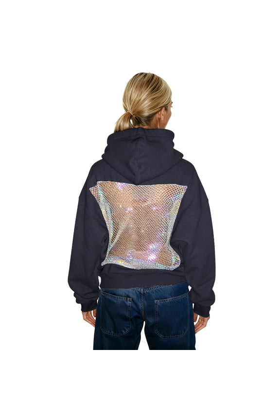Backless Hoodie for Women with Mesh Long Sleeve Sweatshirt Fall Casual Pullover Top