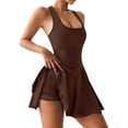 thumbnail image 1 of Backless Jumpsuit Tennis Dress with Pockets and for Yoga Gym Fitness Workout Short Skirt,Brown,L, 1 of 6